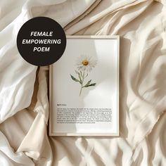 an open book on top of a bed covered in white sheets with the title female empoeving poem