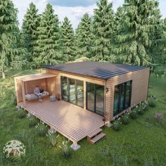 an artist's rendering of a small wooden cabin in the middle of a forest