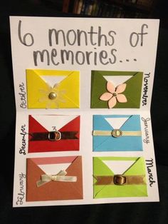 a card with different colored envelopes and ribbons on it that say 6 months of memories