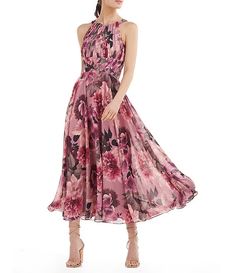 Kay Unger Floral Print Chiffon Halter Jewel Neck Pleated Midi Dress | Dillard's Tea Length Dress, Kay Unger, Floral Print Chiffon, Wedding Attire Guest, Tea Length Dresses, Pleated Midi Dress, Jewel Neck, Groom Dress, Crepe Dress