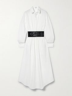 Alaïa's shirt dress encapsulates the label's soft yet sculptural approach to design. Made in Italy from crisp cotton-poplin, it's defined by a corset-inspired leather belt that cinches your waist before it flares to a voluminous midi skirt. Leave a few of the top buttons undone for a more relaxed feel. Professional Workwear, Waist Belts, Midi Shirt Dress, White Shirt Dress, Everyday Wardrobe, Net A Porter, Cotton Poplin, Jeans Dress, Women Collection