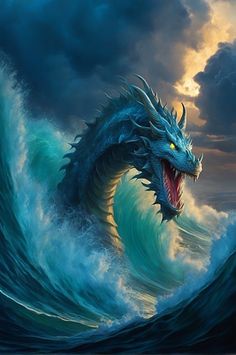 a painting of a dragon in the middle of a large wave with its mouth open