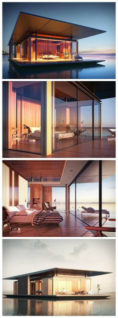 three different views of the inside and outside of a house at dusk, from top to bottom