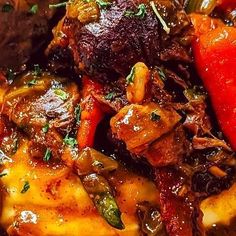 a close up view of some food with carrots and meat on the side,