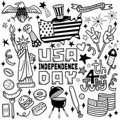 an american independence day poster with the words usa and symbols in black and white on a white background