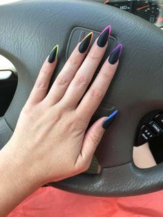 Black Nails With Rainbow Tips, Black And Neon French Tip Nails, Black Nails Rainbow Tips, Almond Nails Basic Design, Black Nails Neon Tips, Black Nails With Neon Tips, Colorful Goth Nails, Rave Nails Acrylic Festival, Rainbow Halloween Nails