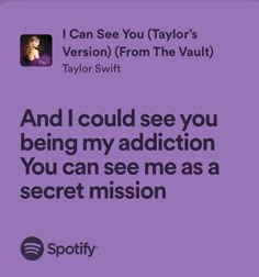 a purple background with the words, i can see you taylor's version from the vault