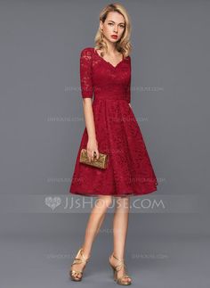 [US$ 140.00] A-Line/Princess V-neck Knee-Length Lace Cocktail Dress (016140360) Fall Cocktail Dress, Lace Dress Classy, Trendy Cocktail Dresses, Winter Cocktail, Fall Cocktail, V Neck Cocktail Dress, Lace Cocktail Dress, Cocktail Dress Wedding, Dress Winter