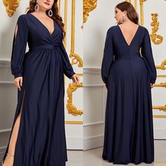 With A Perfect Combination Of Glam And Comfort, This Dress Is Sure To Make You Happy. Plus, The Luxurious Design Means That They’ll Still Be Able To Wear It For Other Special Occasions. Get Ready For The Best Day Of Your Life With This Stunning Dress! -Evening -Cozy -High Split - Stretchy - High Split - Navy Questions? Leave A Comment Below! Plus Size Evening Gown Special Occasions, Plus Size Elegant Dresses Classy, Plus Size Gala Dress, Plus Size Formal Dress, Plum Bridesmaid Dresses, Plus Size Elegant Dresses, Navy Blue Prom Dresses, Xscape Dresses, Elegant Outfit Classy