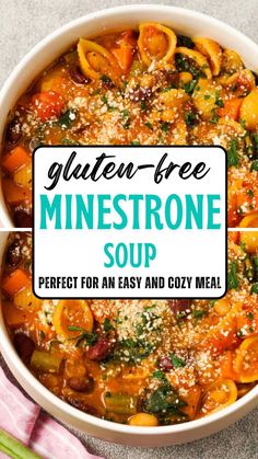 a bowl of gluten - free minestone soup with text overlay