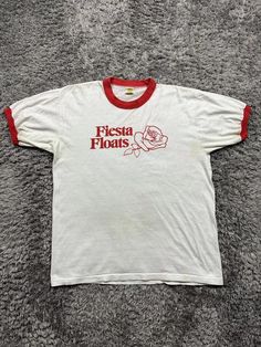 Vintage Fiesta Parade Floats Rose Flower Ringer 80s T Shirt Large | eBay Retro Crew Neck T-shirt For Festivals, Retro Cotton Tops For Festivals, Vintage Crew Neck Tops For Festival, Retro Screen Print Tops For Festival, 90s Style Short Sleeve Festival Tops, 90s Style Short Sleeve Tops For Festival, Vintage Screen Print Tops For Festival, Vintage Cotton Tops For Festival, Parade Float