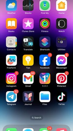 the home screen of an iphone with various icons on it, including different colors and sizes