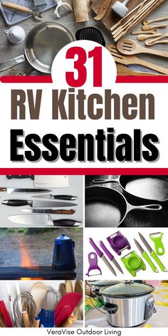 the words 31 rv kitchen essentials are shown in black and white with images of cooking utensils