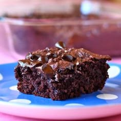 a piece of chocolate cake sitting on top of a blue plate