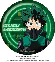 an anime character with green hair wearing a black jacket and mask on his face, in front of a circular background