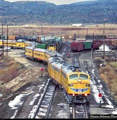 a yellow and green train traveling down tracks