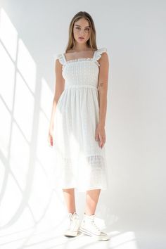 Specifications: Eyelet Details Color: White Flutter Sleeves Midi Length Summer Lace Trim Midi Dress Knee-length, Summer Knee-length Lace Trim Midi Dress, Summer Knee-length Midi Dress With Lace Trim, Spring Midi Dress With Ruffle Sleeves, Spring Midi Dress With Ruffle Sleeves For Casual Wear, Spring Casual Midi Dress With Ruffle Sleeves, Flowy Ruffled Midi Dress For Spring, Spring Ruffle Sleeve Midi Dress For Garden Party, Spring Midi Dress With Ruffles And Flowy Fit