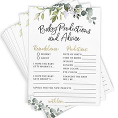 baby shower game with greenery and gold foil on it's cover, which reads baby directions and advice