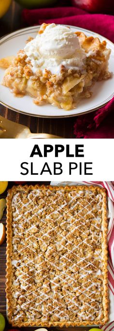 an apple slab pie on a white plate with apples in the background and text overlay