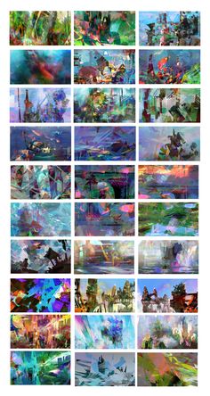 many different images of water and buildings in the sky, with one image being colored