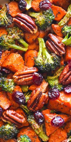 Roasted Sweet Potatoes, Broccoli, Pecans, and Cranberries - close-up photo. Vegetarian Roasted Vegetables, Sheet Pan Sweet Potatoes And Broccoli, Broccoli And Sweet Potatoes, Sweet Potato And Carrots Recipes, Roasted Sweet Potatoes And Cauliflower, Sweet Potato Broccoli Salad, Broccoli Sweet Potato Sheet Pan, Sweet Potato And Broccoli Recipes, Roasted Broccoli And Sweet Potatoes