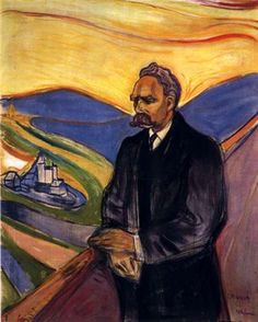 a painting of a man in a suit and tie standing next to a balcony railing