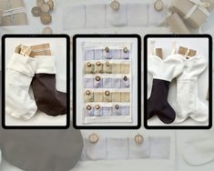 three pictures of socks, buttons and other items on a white surface with text overlay