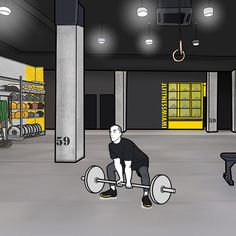 a man is squatting down while holding two barbells in a large gym