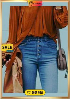 Vintage Casual Denim Flared Jeans Trendy Non-stretch Button-up Jeans, Trendy Solid Winter Jeans, Trendy Winter Jeans, Trendy Solid Color Jeans, Solid Denim Jeans For Fall, High Waist Jeans For Fall, Denim Tops For Fall, Denim Tops Suitable For Fall, Casual Solid Jeans For Fall