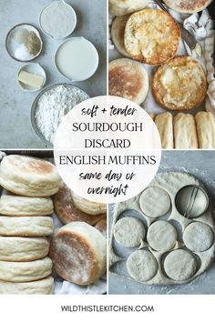 different types of english muffins are shown with the words soft and tender sourdough