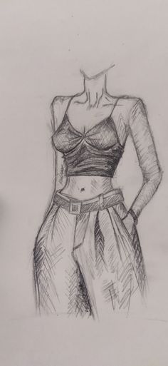 a drawing of a woman in a dress with her hands on her hips, looking down