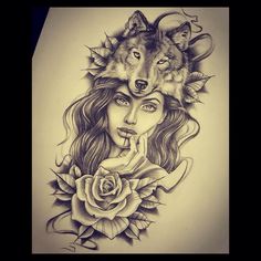 a drawing of a woman with two wolfs on her head and a rose in her mouth