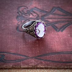 Purple Lady Cameo Ring | Ragtrader Vintage Antique Silver Adjustable Victorian Ring, Adjustable Antique Silver Victorian Ring, Collectible Adjustable Cameo Jewelry, Handmade Victorian Style Adjustable Rings, Vintage Adjustable Carved Ring, Adjustable Purple Cabochon Ring, Victorian Adjustable Sterling Silver Ring, Victorian Style Adjustable Sterling Silver Rings, Victorian Adjustable Rings For Gift