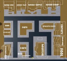 the floor plan for an office building with several rooms and two floors, all labeled in white