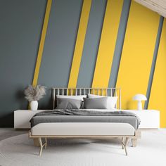 Khardal Mustard Grey Striped Wallpaper Mural | WallpaperMural.com 1 Mustard And Grey, Wall Paint Patterns, Vinyl Wall Covering, Stripe Wallpaper, Art Deco Wallpaper, Striped Wallpaper, Nursery Wallpaper, Ultra Modern, Wallpaper Bedroom