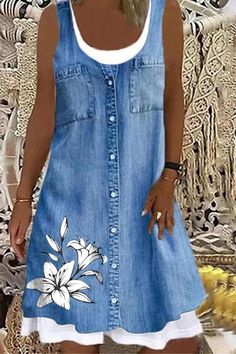 Casual Sleeveless Round Neck Print Dress Printed Denim Dress, Printed Casual Dresses, Crewneck Dress, Vestido Casual, Printed Denim, Loose Dress, Knee Length Dresses