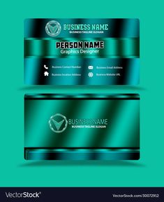 two business cards with shiny blue and green stripes on the front, back and sides