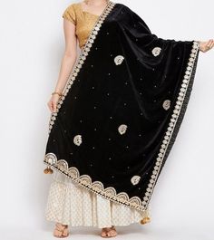 PRODUCT DETAILS  Black & Gold-toned ethnic motifs Gotta Patti embellished dupatta Size & Fit Length: 2.1 m Width: 0.71 m Specifications- Fabric -Velvet Pattern- Printed Print or Pattern Type - Ethnic Motifs Ornamentation -Gotta Patti Occasion - Party Border - Embellished Buyer Note - Before Buy Anything From Our Store Check Our Store Policy SHIPPING - After Receive Payment we will ship your parcel within 2 to 3 Days.  Courier Service - We use Different Types of shipping Courier Services like - Shiprocket (it will take 12 to 14 Days), Aramex Economy (it will take 10 to 14 days), Aramex Express (it will take 4 to 7 days), DHL express (it will take 3 to 5 days), India post (it will take 3 to 4 weeks). Express Shipping Charges - if you want fast you will Pay Extra for Fast Shipping - (DHL Expr Velvet Dupatta, Velvet Pattern, Gotta Patti, Ethnic Motifs, Embroidered Velvet, Fancy Party, Black Wedding, Buy 1, Scarf Shawl