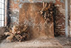 an old brick wall with two wreaths on it and the words state beach written in cursive font