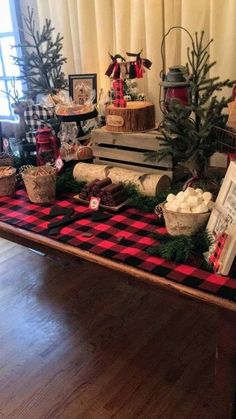 a table topped with lots of food on top of a red and black checkered blanket