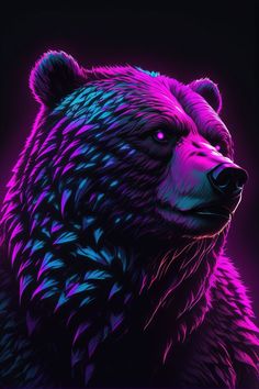 a close up of a bear's head with purple and blue lights in the background