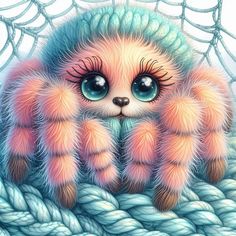 a painting of a cat with blue eyes sitting on a rope in front of a spider net