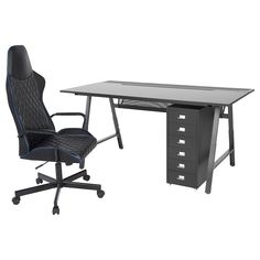 an office chair next to a desk with drawers on it and a black computer chair