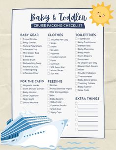 a baby and toddler cruise packing checklist is shown in this graphic style, with the