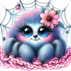 a blue and pink furry animal sitting on top of a blanket next to a spider web