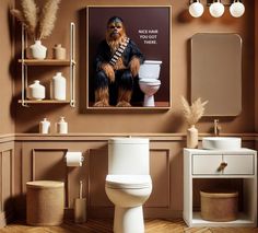 a bathroom scene with focus on the toilet and star wars character poster above the toilet