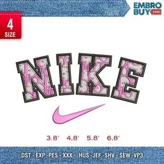 the nike logo is shown in pink and black on a white background with blue jeans