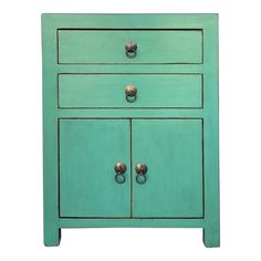 a green cabinet with two drawers and knobs on the bottom drawer, against a white background