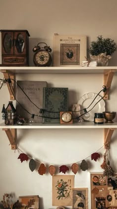 two shelves with books and pictures on them