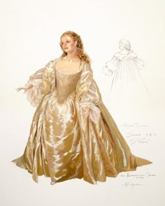 a drawing of a woman in a golden dress